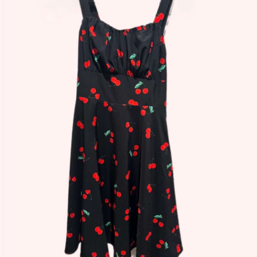 Retro Black Dress with Red Cherry Pattern